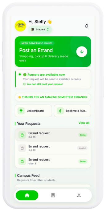 ErrandG home screen — post an errand, track requests, and browse the campus feed